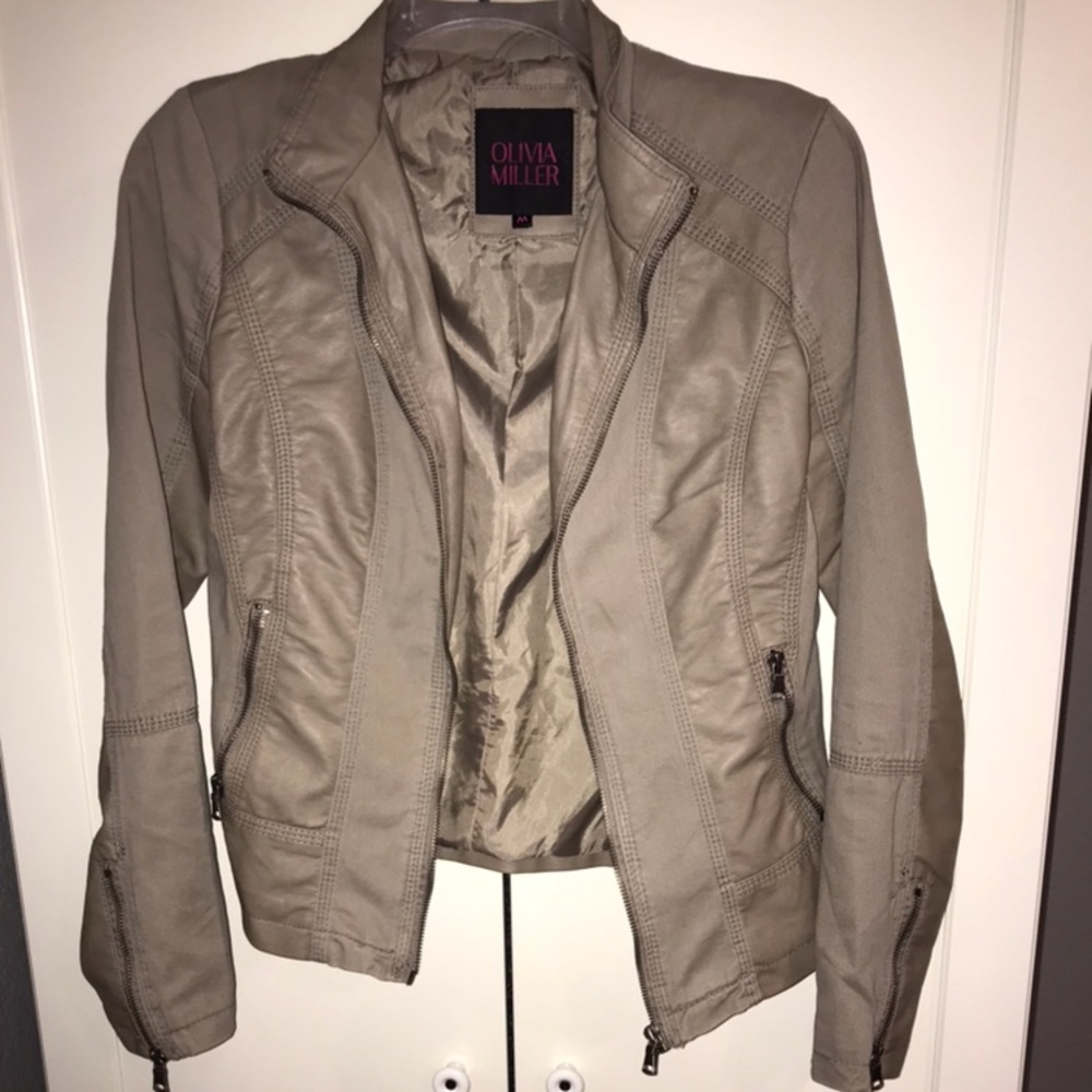 Taupe leather/denim material jacket